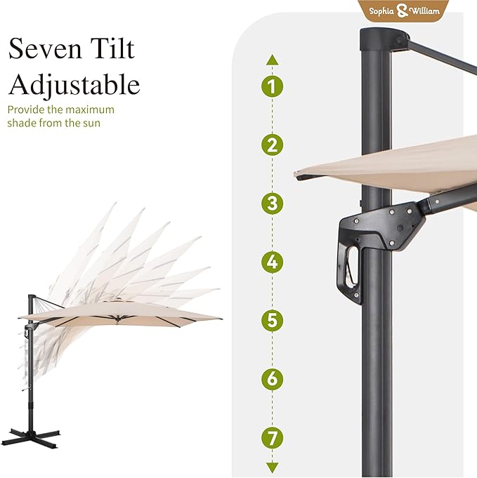 Sophia & William Cantilever Patio Umbrella 10ft, Large Square Outdoor Umbrellas with Crank Handle, 7-Level Tilt,360° Rotation, Windproof, Crashproof,Design for Pool Garden Backyard (Beige)
