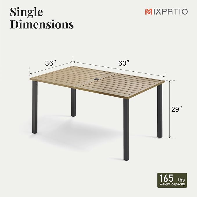 MIXPATIO Outdoor Patio Dining Table for 6, 60" x 36" Rectangular Metal Patio Dining Table with Umbrella Hole and Wood-Like Tabletop, All Weather Wrought Iron Outdoor Table for Backyard and Porch
