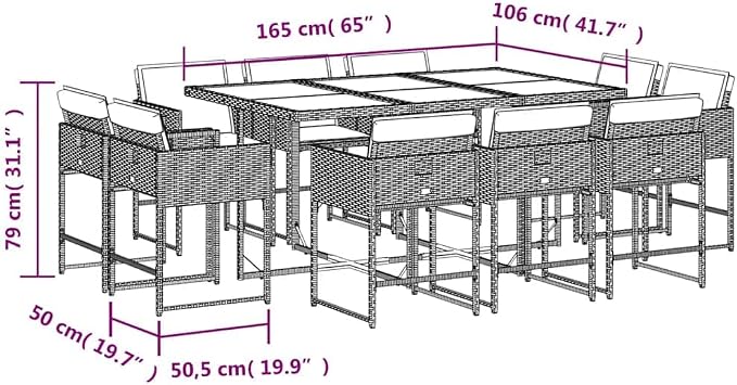 11 Piece Patio Dining Set with Cushions Beige Poly Rattan Outdoor Dining Table and 10 Chairs for Garden Backyard Porch Tempered Glass Top Space-Saving Foldable Seats UV-Proof