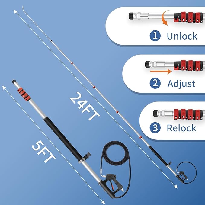 LidoDola 24FT Telescoping Pressure Washer Wand Kit - 2 Extension Poles, Gutter Cleaner, Brush, Pivoting Coupler & 7 Nozzles for Roof, Deck, Vehicle, Sidings