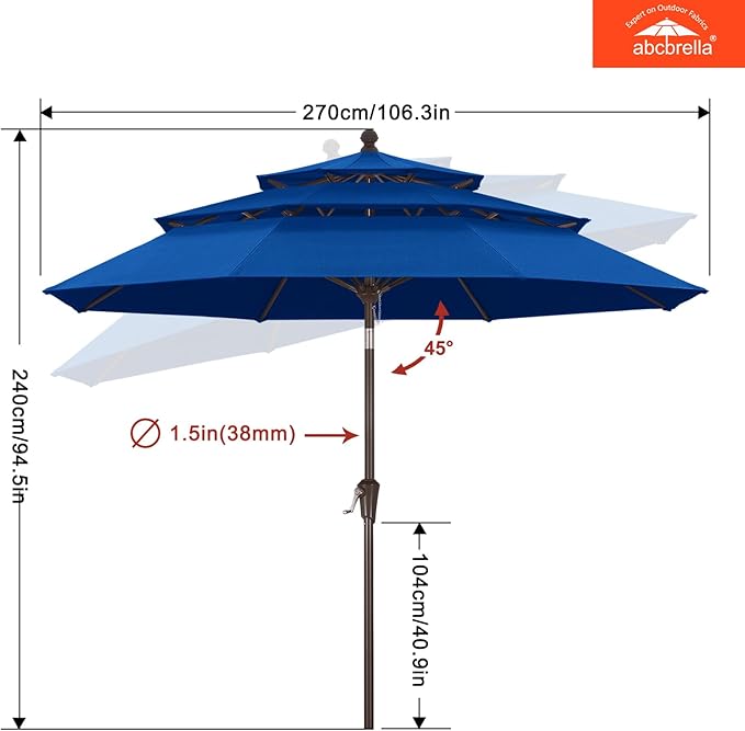 ABCCANOPY 5-Year 10-Year No Fading 9FT 3 Tiers Patio Umbrella, Outdoor Table Umbrella with 8 Sturdy Ribs for Deck, Backyard, Garden, Yard