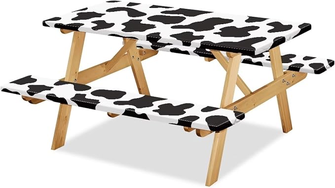 Cow Print Fitted Picnic Table Cover with Bench Covers Abrasion Resistant Picnic Table Cover Dustproof Waterproof 3 Piece Picnic Table Cover Set Fits Rectangular Tables and Seats 94x30 Inches