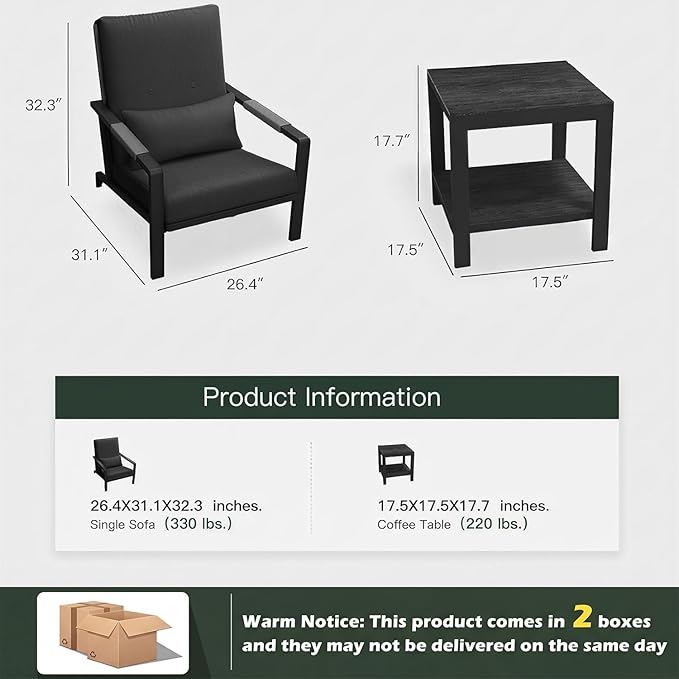 Patio Furniture Set, 3 Pieces Outdoor Patio Furniture with Coffee Table Set, Metal Patio Conversation Sets with Washable and High-Resiliency Sponge Cushions,Upgarded Grey