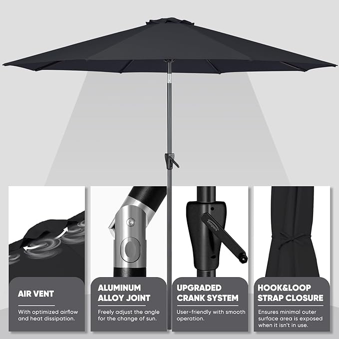 Tempera Patio Market Outdoor Table Umbrella with Push Button Tilt and Crank, Large Sun Umbrella with Sturdy Pole & Fade Resistant Canopy, Easy to Set