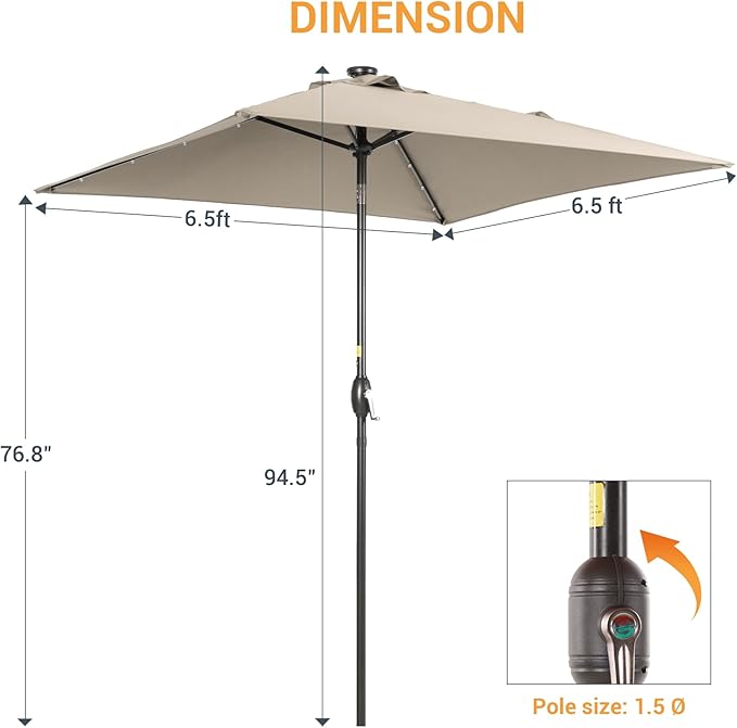 Square Patio Umbrella With Solar Lights, 6.5x6.5ft Square Umbrella Outdoor Patio with Tilt and Crank for Pool, Deck, Garden,Backyard