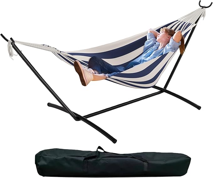 Double Hammock with Stand - Heavy Duty 450lbs Capacity, Portable Cotton Hammock for Two Adults, Indoor & Outdoor Use with Travel Bag, Blue&White Stripe Pattern