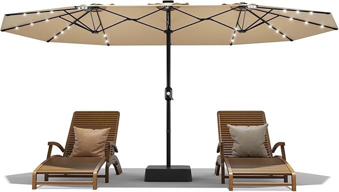 Garvee 15 ft Rectangular Patio Umbrella with Solar Lights & Base Included - Large Patio Umbrella with Crank Handle 36 LED Lights, UV Protection for Outdoor Market, Backyard, Deck, Pool, Beige