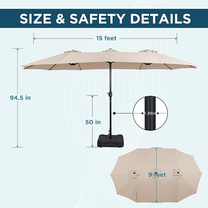 15FT Extra Large Patio Umbrella with Base Included, Heavy Duty Rectangle Outdoor Market Umbrella with 12 Strong Ribs for Patio, Garden, Lawn, Deck & Pool