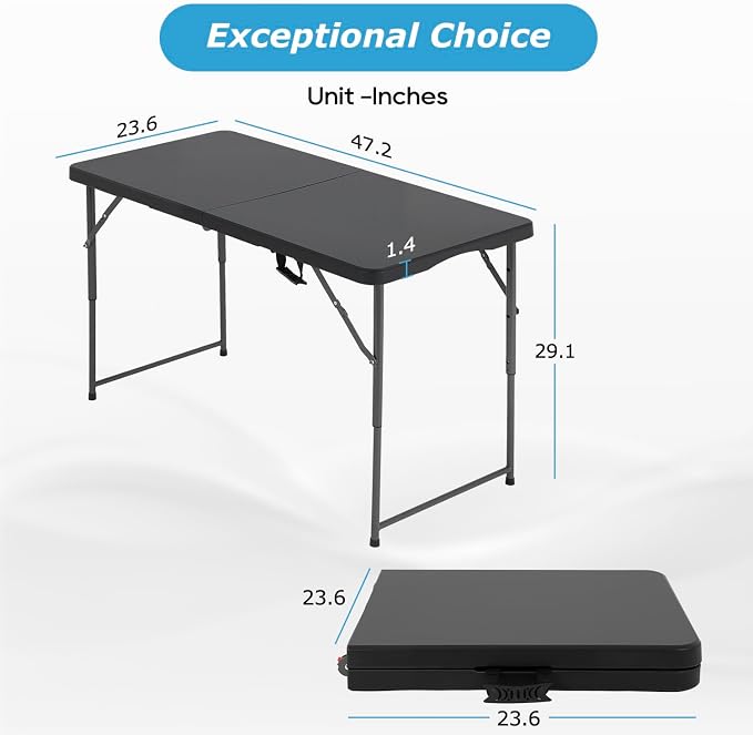34" Folding Card Table, Heavy Duty HDPE Square Table, Fold-in-Half Portable Design with Carry Handle, Indoor Outdoor Utility Dining Table for Picnic, Camping, 330 lbs (Black, 4FT)