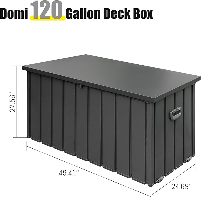 Domi Deck Box, 120 Gallon Outdoor Storage Box Large Metal Storage Cabinet Waterproof Lockable Container for Patio Furniture Cushions Garden Tools Pool-Supplies, Dark Grey