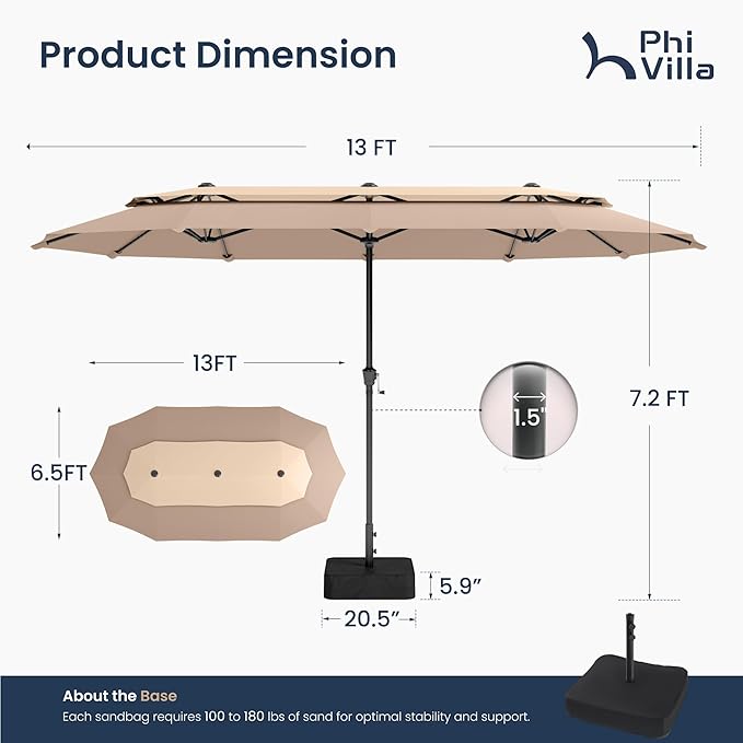 PHI VILLA 13ft Large Patio Umbrellas with Base Included, 2-Tier Double-Sided Outdoor Market Rectangle Umbrella for Outside, Beige&Tan
