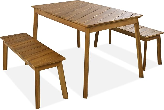 WILLIAMSPACE 50" Wood Patio Dining Set of 3, Modern Outdoor & Indoor Furniture with 2 Benches, 3 Pieces Picnic Beer Table for Patio, Porch, Garden, Poolside (Natural)