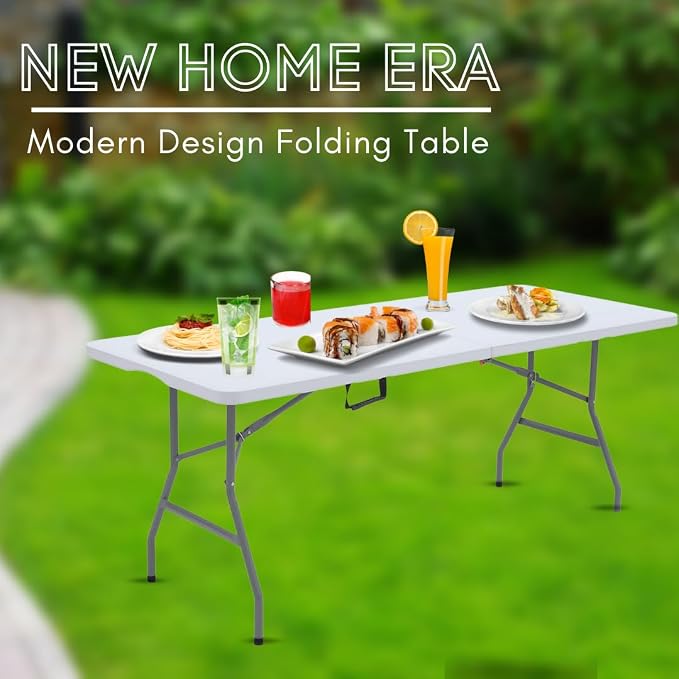 6ft Foldable Heavy Duty Plastic Table - Ideal for Indoor & Outdoor Events: Parties, Picnic, Camping, Weddings, Catering, and Garden Dining - Portable Fold-in-Half Utility Table (White)