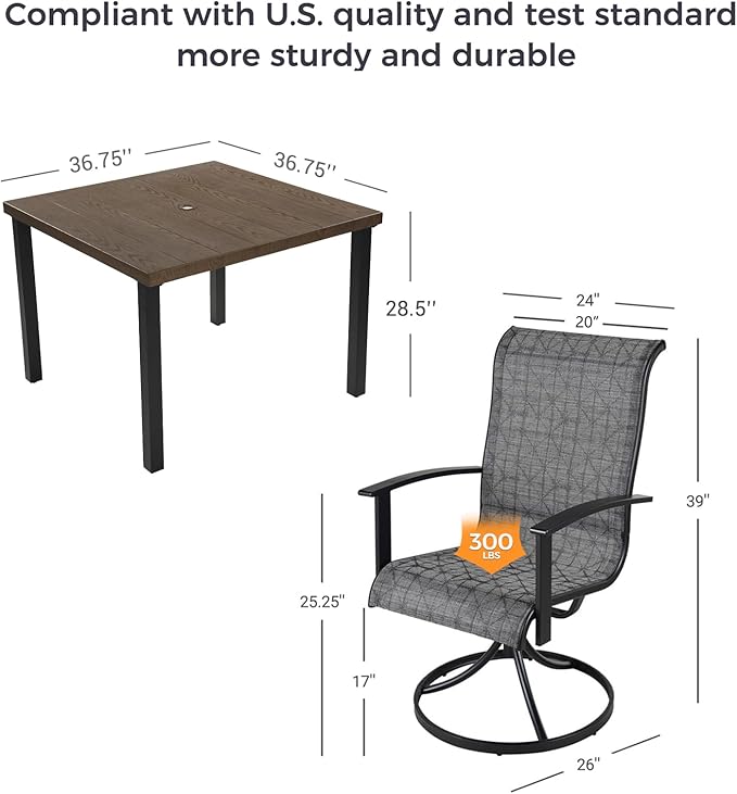 Grand patio 5-Piece Outdoor Dining Set for 4, Patio Dining Set with Swivel Patio Chairs & 1 Square Woodgrain Dining Table with Umbrella Hole, Black & Grey Plaid