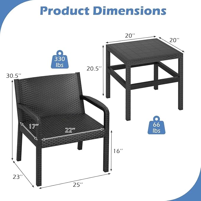 3 Piece Patio Furniture Set Outdoor Wikcer Conversation Set with 2 Rattan Armchair 25" Square Side Table for Courtyard Garden