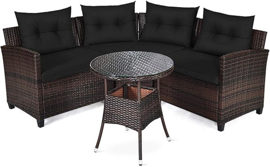 HAPPYGRILL 4 Pieces Outdoor Patio Furniture Set Wicker Sectional Sofa L-Shape with Round Tempered Glass Top Table & Cushions Modern Conversation Set Curved Sofa Set for Garden Poolside Balcony