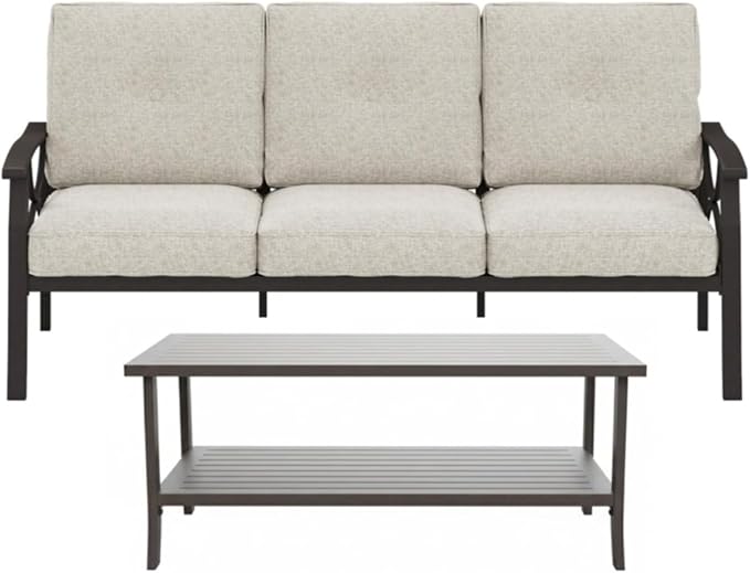 Hassyee 2 Pieces All-Weather Metal Outdoor Conversation Set with Coffee Table and Removable Cushions for Balcony, Patio Furniture Set with Modern Curved Design for Backyard, Lawn (2 PCS Set)