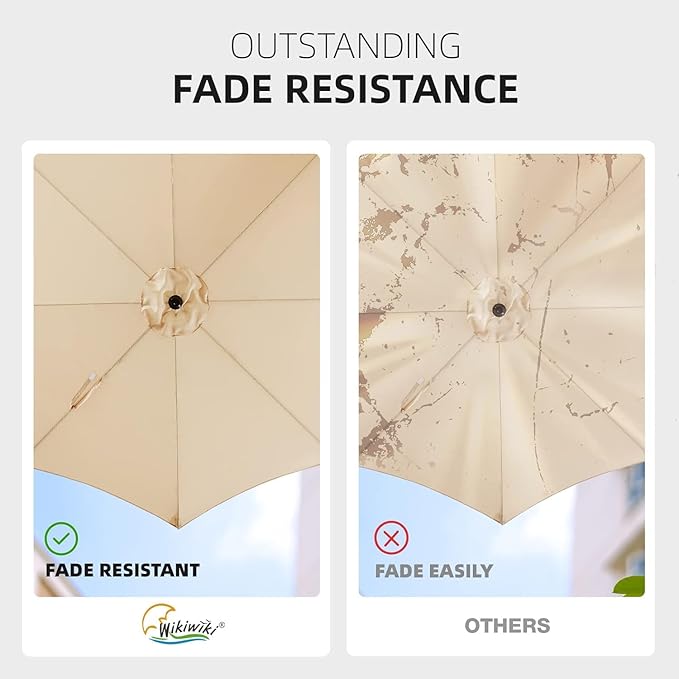 wikiwiki 10 FT Patio Umbrellas Outdoor Table Market Umbrella with Push Button Tilt/Crank, 8 Sturdy Ribs, Fade Resistant Waterproof POLYESTER DTY Canopy for Garden, Lawn, Backyard & Pool, Cream Beige