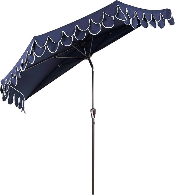 JONATHAN Y Terrace Scalloped 9 ft. Half Round Patio Umbrella with Crank Lift and Tilt, Coastal Semicircle Market Wall Umbrella for Balcony, Navy/White, Dark Brown Pole UMB1202B