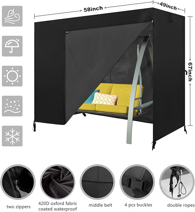Outdoor Swing Cover - Triple Seater Hammock & Garden Swing Glider Chair - UV Resistant Canopy - Black (58 * 49 * 67) inches