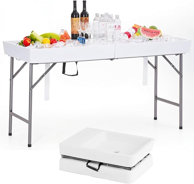 5 Foot Folding Ice Cooler, Outdoor Buffet Cold Food Keeper with Drain Hose, Foldable Beverage Cooler Buffet Salad Serving Chill Table for Party, Picnic, BBQ, Camping