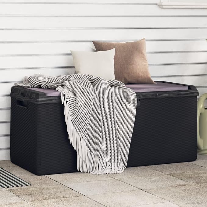 Anthracite PP Rattan Look Garden Storage Box with Seat Cushion, 92.5 gal Outdoor Patio Storage Chest for Cushions Pillows Blankets Toys, Gas-Lift Design, Lockable