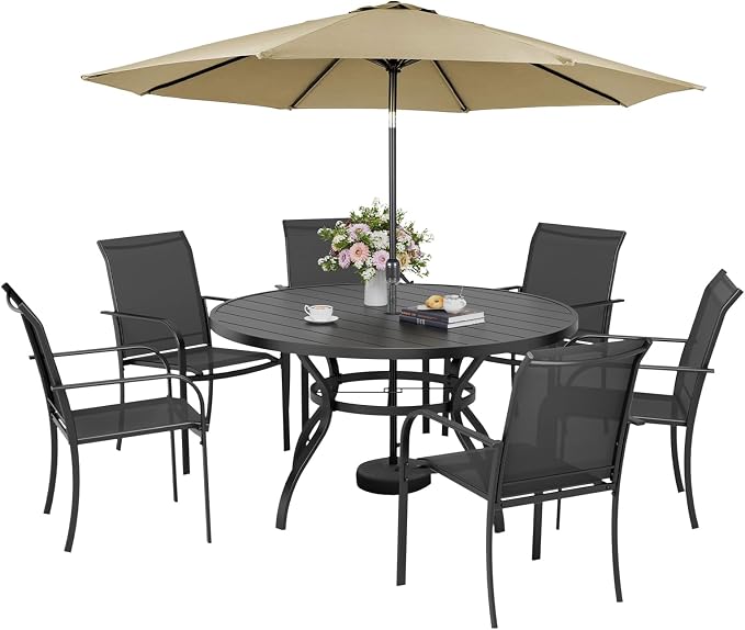Incbruce 8 PCS Patio Dining Set with Brown Umbrella, Outdoor Dining Set of 6 Textilene Chairs and 53" Round Table with Umbrella Hole for Backyard, Garden, and Poolside (Black)