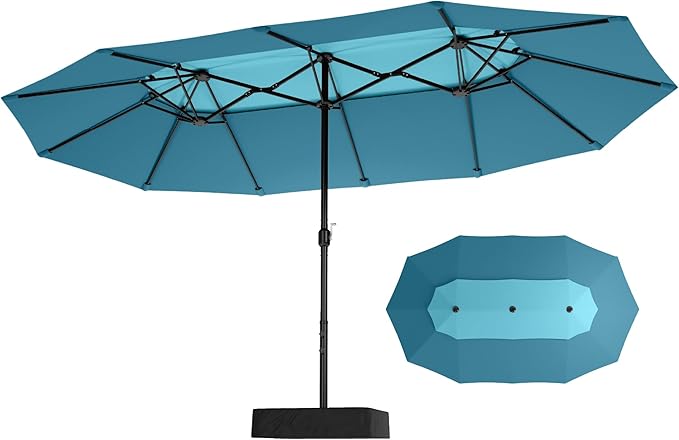 Sophia & William 15ft Extra Large Patio Umbrella with Base Included, 2-Tier Double-Sided Rectangle Outdoor Umbrella with Stand, Market Umbrella for Pool Garden Backyard, Blue & Cerulean