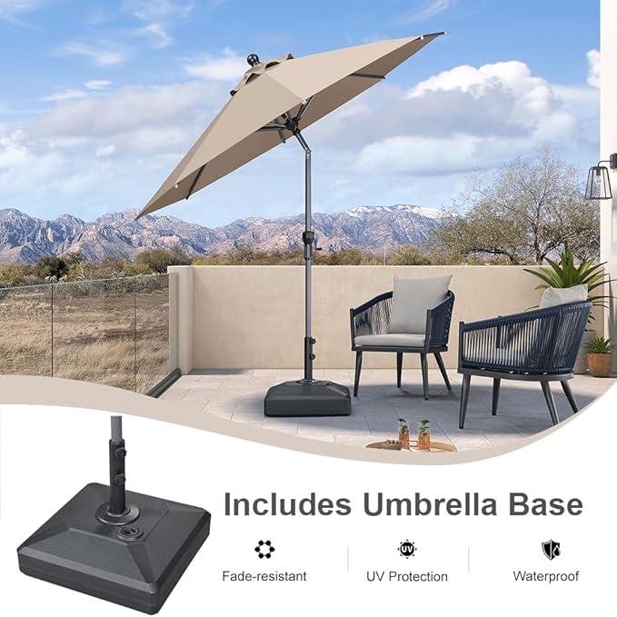 PURPLE LEAF 8' Round Patio Market Umbrella with Base Outdoor Table Umbrellas Aluminum Frame Sun Shade with 8 Sturdy Ribs Tilt for Garden Deck Lawn Pool Taupe