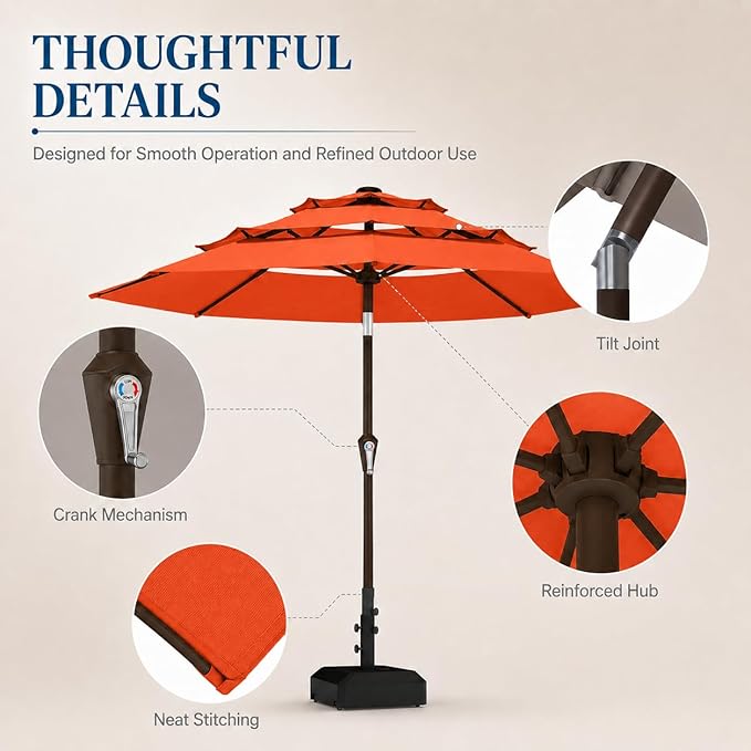 10ft Patio Umbrella, 3-Tier Vented Outdoor Table Umbrella with 8 Sturdy Fiberglass Ribs, Windproof Market Umbrella with Push Button Tilt and Crank, UV Protection for Deck, Pool, Terracotta