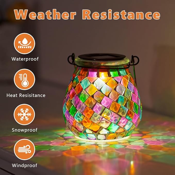 Stargarden 2 Pack Mosaic Solar Lanterns Outdoor Waterproof, Colorful Glass Hanging Lantern Decorative Solar Lights for Yard, Patio, Lawn, Gaden Decor