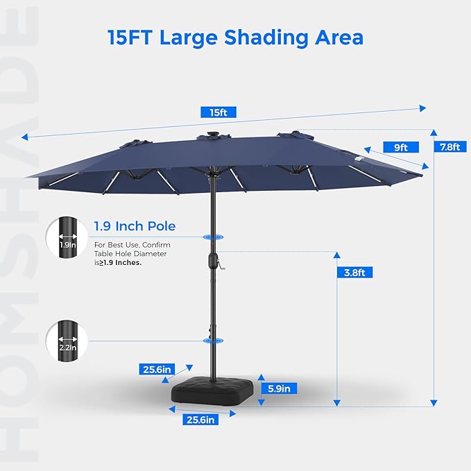HOMSHADE 15FT Double Sided Umbrella with Light Strips and Base, Rectangle Oversized Patio Umbrellas, Extra Large Outdoor Table Umbrella for Pool, Patio, Garden (Navy Blue)