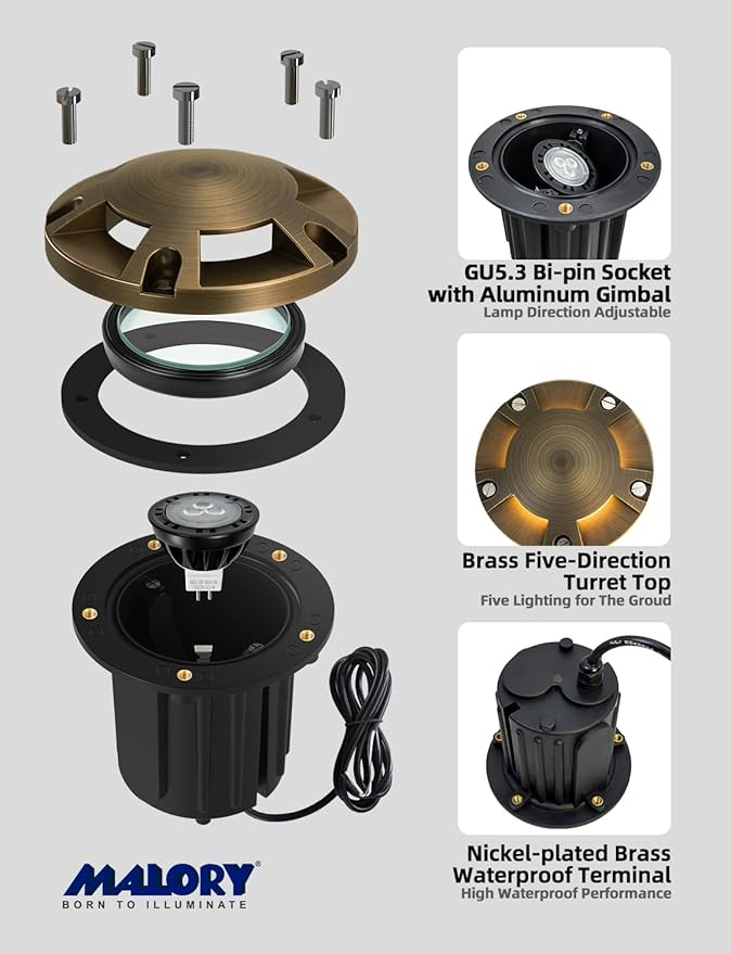 MALORY Brass Top Cover Landscape Well Lights, 12V Low Voltage Outdoor In Ground Lights,Landscape Lighting for Pathway, Driveway, Garden 1 Pack with Bulb (Five-Direction Turret, 10-Pack with Bulb)