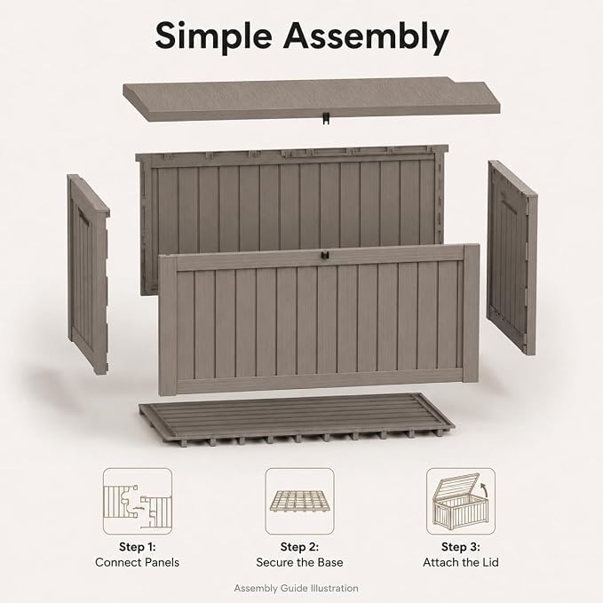155 Gallon Outdoor Deck Storage Box, Large Waterproof Resin Patio Storage Box, Lockable Bench Seat Holds 2 Adults, for Garden Tools, Cushions & Pool Floats, UV & Rust Resistant, Gray Brown
