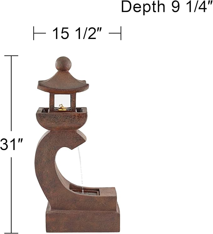 Pagoda 31" High Large Zen Japanese Indoor Outdoor Decor Rust Stone Floor Fountain with Light LED Standing Waterfall Water Feature for Outside Garden Patio Yard Backyard Porch Deck - John Timberland
