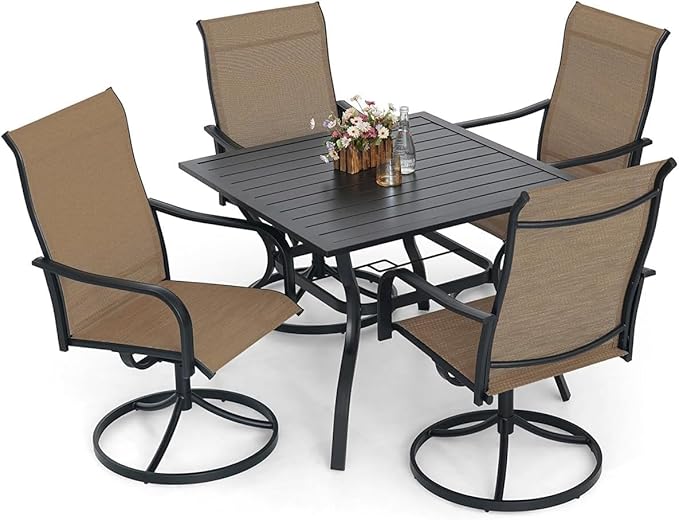 Anmutig 5-Piece Outdoor Dining Set, 35'' Square Table with 4 Swivel Chairs, All Weather Frame Furniture Set - Brown Style2