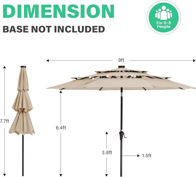 JEAREY 3 Tiers Patio Umbrella with Solar Lights 9ft Outdoor Market Table Umbrellas with Push Button Tilt for Outside Pool Garden, Tan