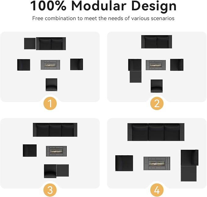 Aoxun Outdoor Patio Furniture Set with 44'' Fire Pit Table, 7 Pcs Outdoor Patio Furniture Sets with 4in Thicken Cushion, Widen Armrests Wicker Outdoor Sectional for Backyard & Garden, Black
