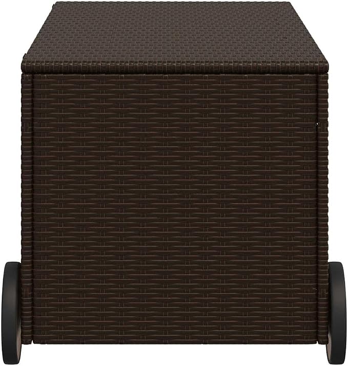 Garden Storage Box with Wheels 50.2 Gal Brown Poly Rattan Resin Wicker Outdoor Patio Deck Cushion Container Chest Weather Resistant Lockable Trunk for Backyard and Porch
