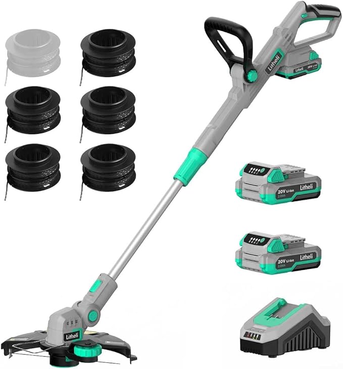 Litheli 20V 12 Inch Cordless String Trimmer/Edger, 2 X 2.0Ah Battery Powered Weed Eater with Auto-Feed for Lawn Trimming/Edging, with 6 Pcs Grass Cutter Spool Line, Fast Charger Included.