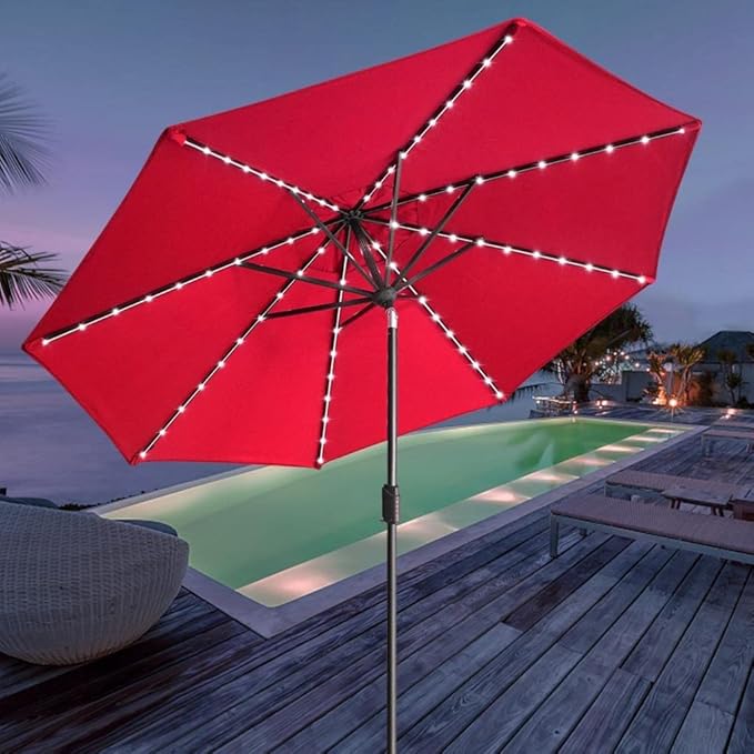 EliteShade USA 10-Year-Non-Fading 9ft Market Patio Umbrella, Commercial Grade Table Sun Umbrella with 80 Solar LED Lights, Crank Open, Windproof & UPF 50+ UV Protection for Garden, Deck, Pool, Backyard, Logo Red