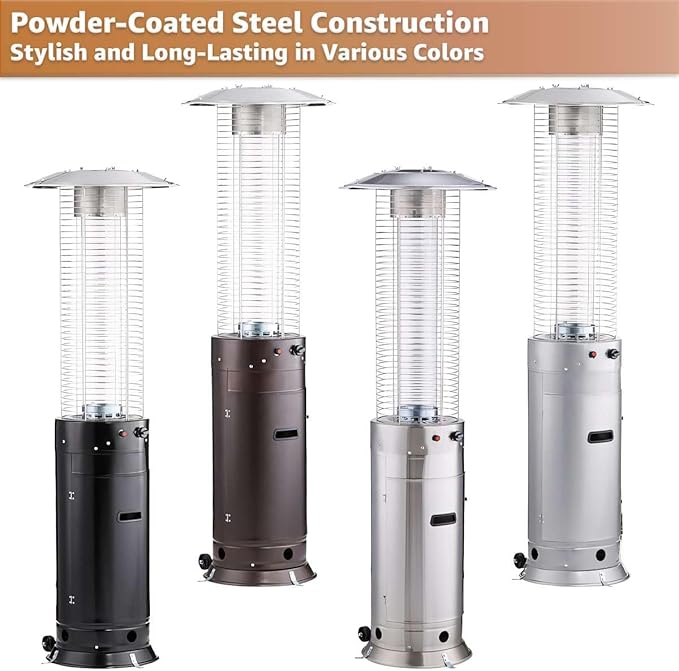 46,000 BTU Stainless Steel Round Commercial Propane Outdoor Patio Heater with Glass Flame Tube and Protective Mesh – Freestanding Portable Design with Wheels for Patio, Deck, Restaurant, Events