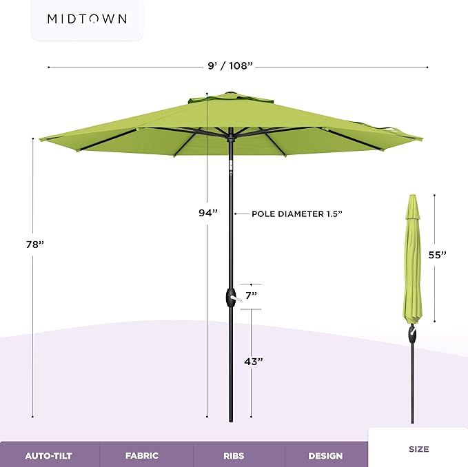 Midtown Umbrellas - The Lean 9 Ft Patio Umbrella with Fade-Resistant Sunbrella Fabric, Auto-Tilt Aluminum Frame and 8 Reinforced Ribs for Deck, Pool & Garden - Macaw Canopy, Black Pole