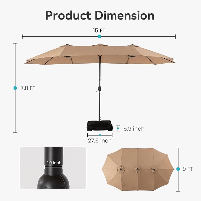 COSIEST 15FT Patio Umbrella with Base Included, Outdoor Double-Sided Table Umbrella,Large Rectangular Market Umbrella w Crank Handle for Garden, Pool, Deck Shade, Khaki