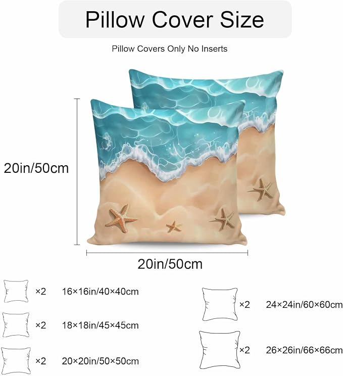 Ocean Beach Waterproof Outdoor Pillow Covers Set of 2 Home Decor, Starfish Sea Waves Coastal Seaside Sand Pillowcase Patio Pillow Covers for Couch Bench Furniture Garden 20x20in