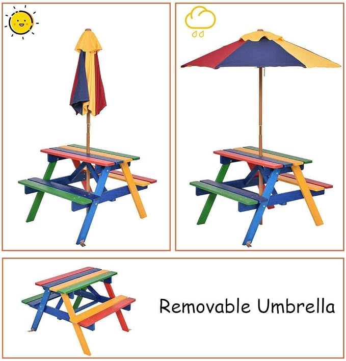 Olakids Kids Picnic Table, Outdoor Toddler Wooden Table and Chair Set with Removable Umbrella, Children Activity Furniture Bench Set for Patio Garden Backyard