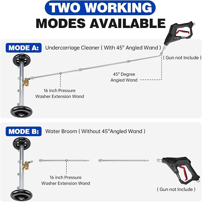 AURORA CAR Undercarriage Pressure Washer Attachment 16 Inch, Dual-Function Undercarriage Cleaner, Under Car Wash Water Broom with 3 Extension Wands, Power Washer Surface Cleaner, 4000 PSI