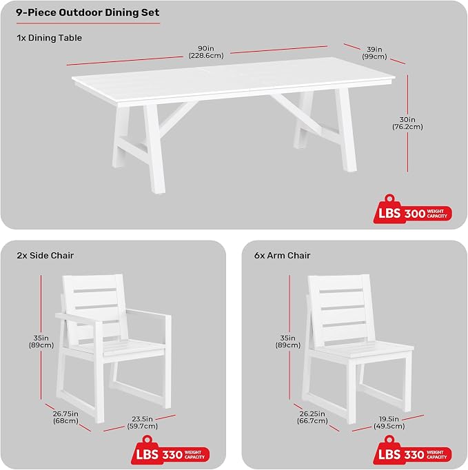 Costaelm Stinson 9-Piece Outdoor HDPE Patio Dining Table Set with Umbrella Hole & Dining Chairs for 8, White