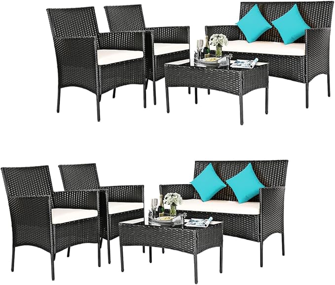 DORTALA 8 Pieces Patio Furniture Set, Rattan Conversation Set with Coffee Table & Cushions, Outdoor Wicker Sofa Set for Poolside, Backyard, Beige