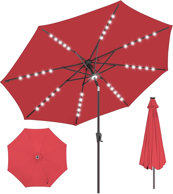 11FT Solar Umbrella Outdoor - Lighted Solar Patio Umbrella with 40 LED Lights Waterproof UV Protection, Table Umbrella with Tilt for Pool, Porch, Garden, Deck, Backyard - Red